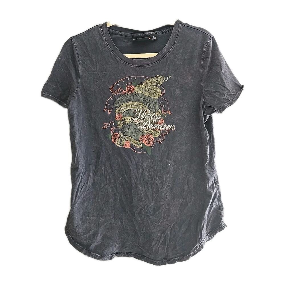Harley Davidson Black Snake Acid Wash Crew Neck Studded T-Shirt Womans Sz Large